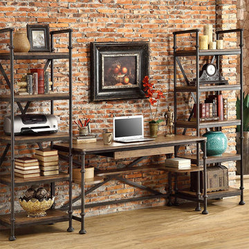Industrial Wood Computer Desk Black Pipe Loft Writing Desk with Shelf